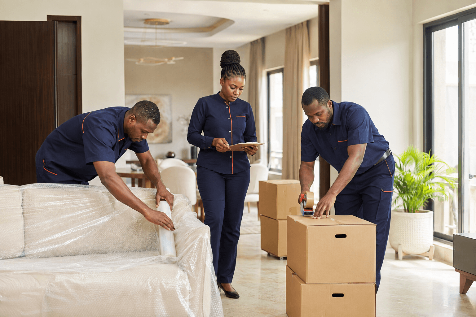 WHILZ professionals protecting furniture and organising moving boxes